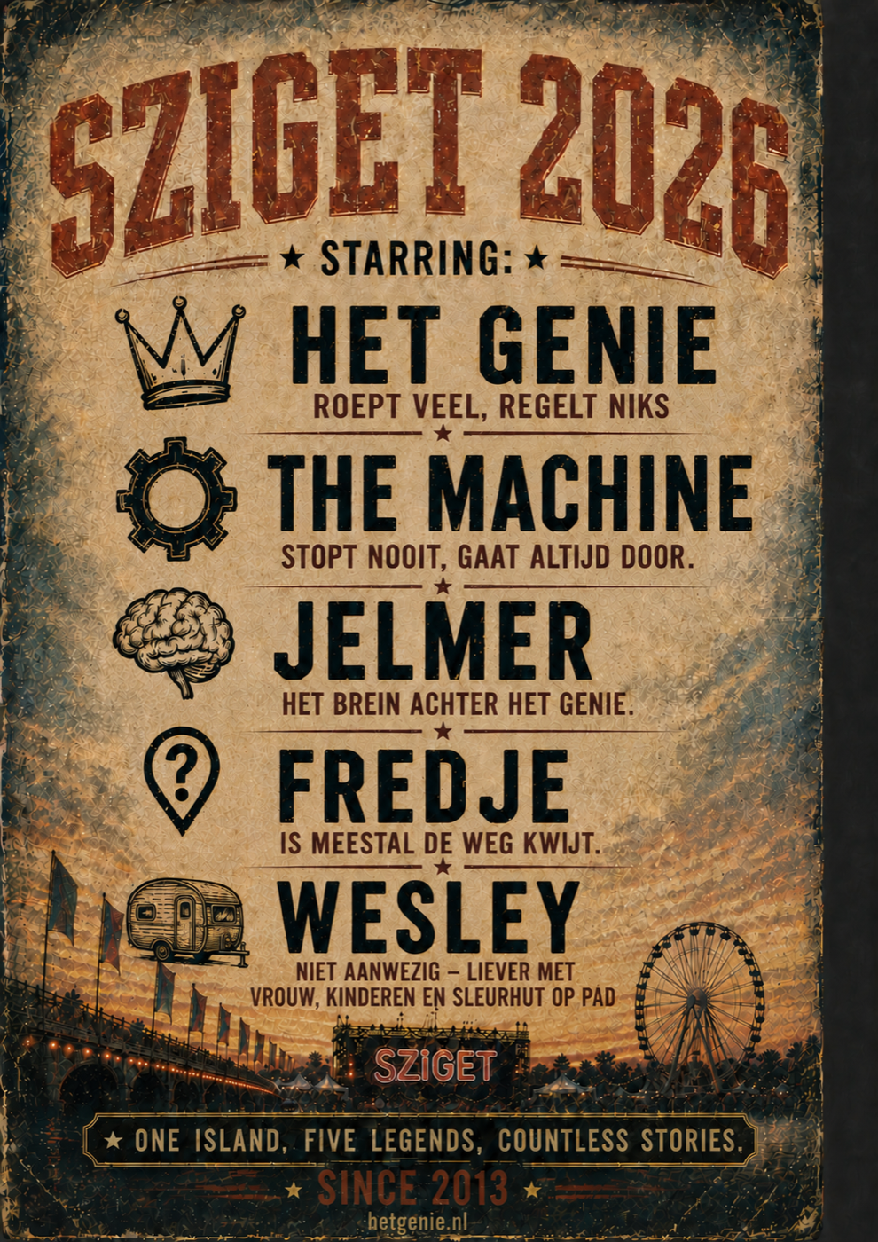 Achterkant van het Sziget 2026 shirt met de volledige line-up
